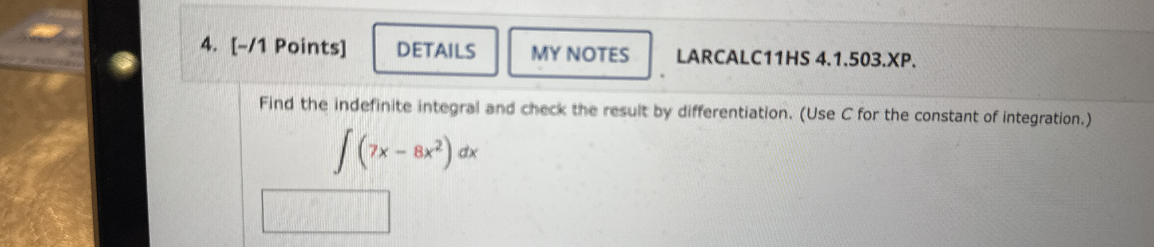Find the indefinite integral and check the result