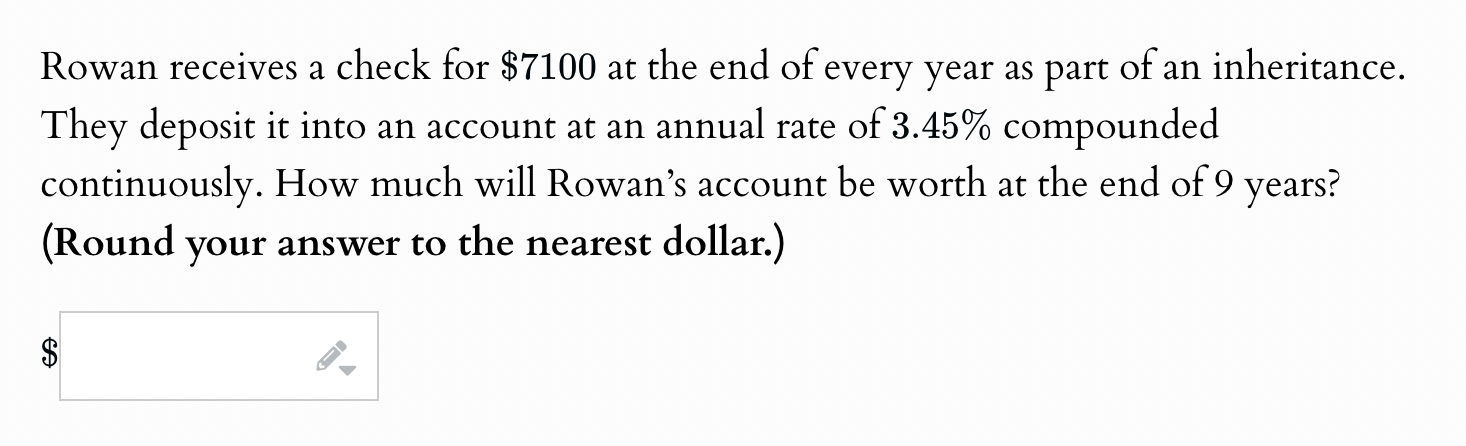 Rowan receives a check for \ ( \ $ 7 1 0 0 \ ) at