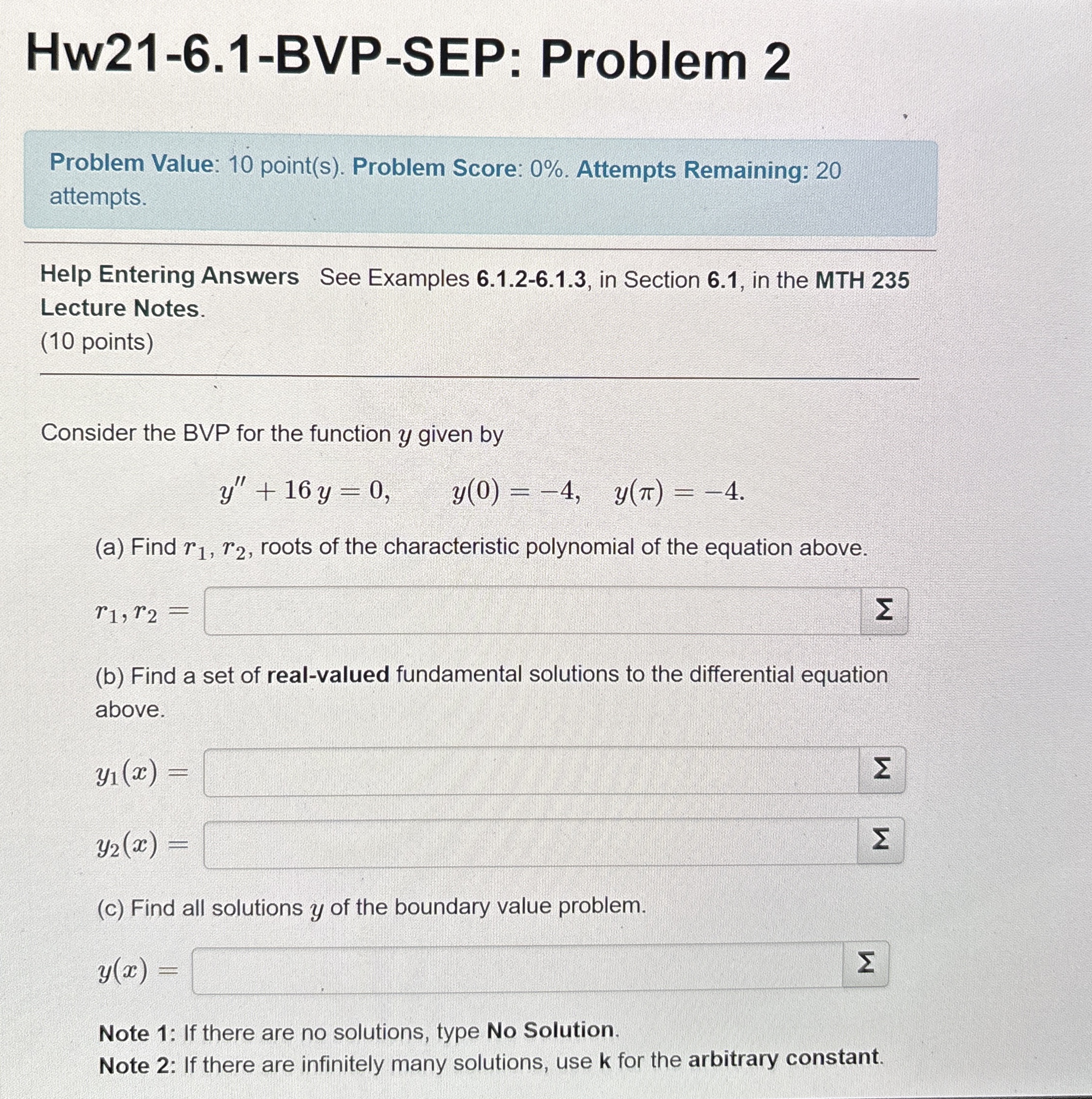 Hw 2 1 - 6 . 1 - BVP - SEP: Problem 2 Problem