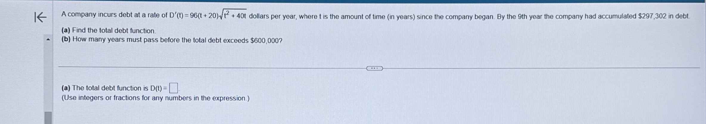 A company incurs debt at a rate of D ' ( t ) = 9
