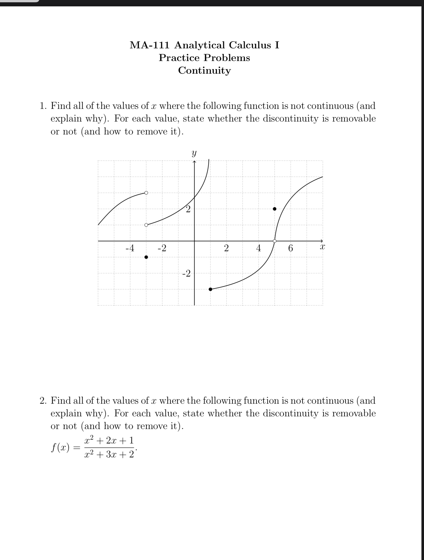 MA - 1 1 1 Analytical Calculus I Practice