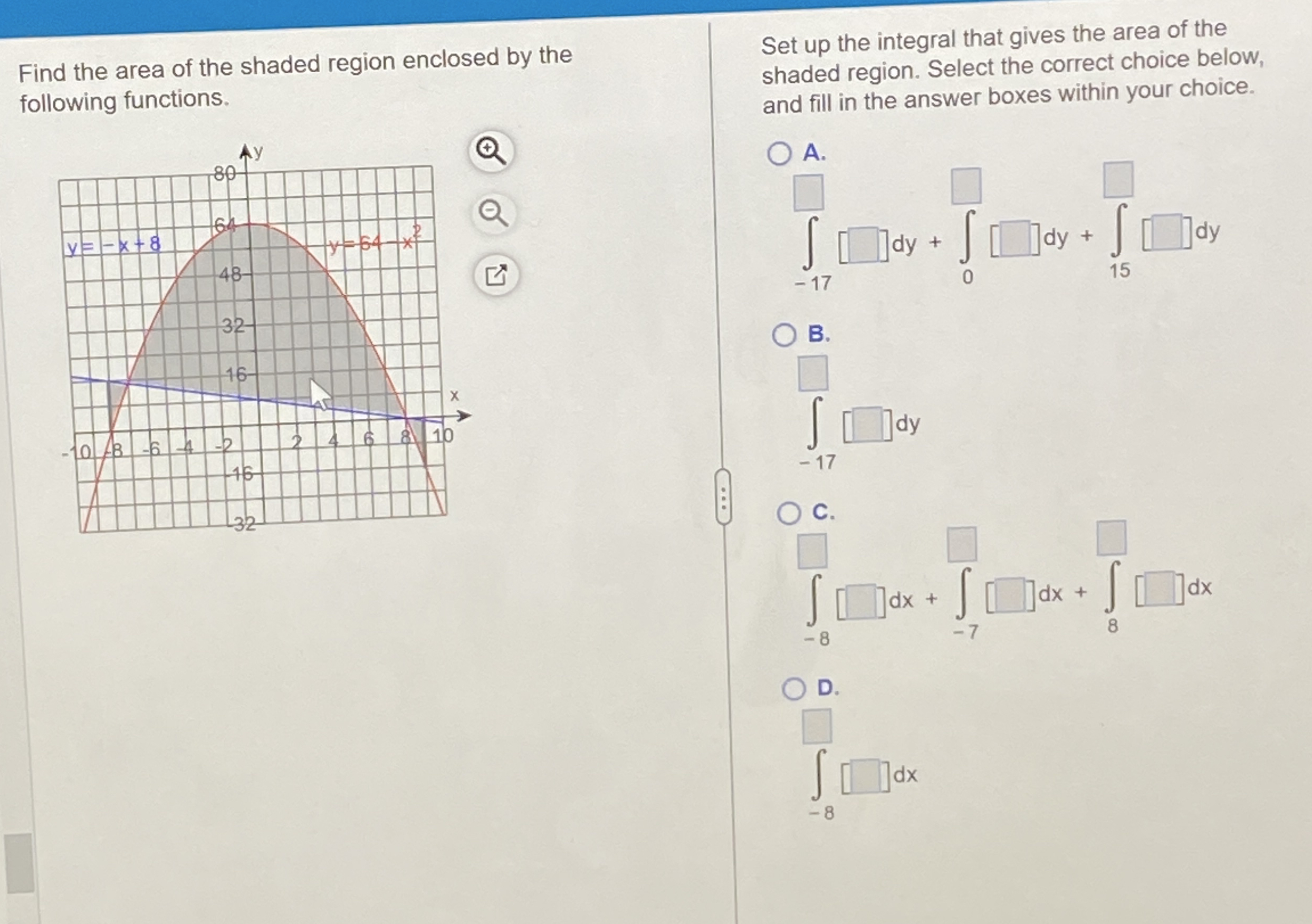 Find the area of the shaded region enclosed by