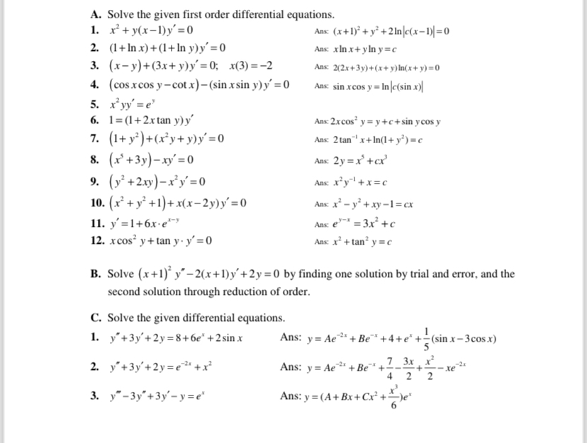 A . Solve the given first order differential