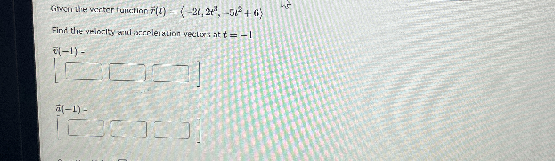 Given the vector function vec ( r ) ( t ) = ( : -