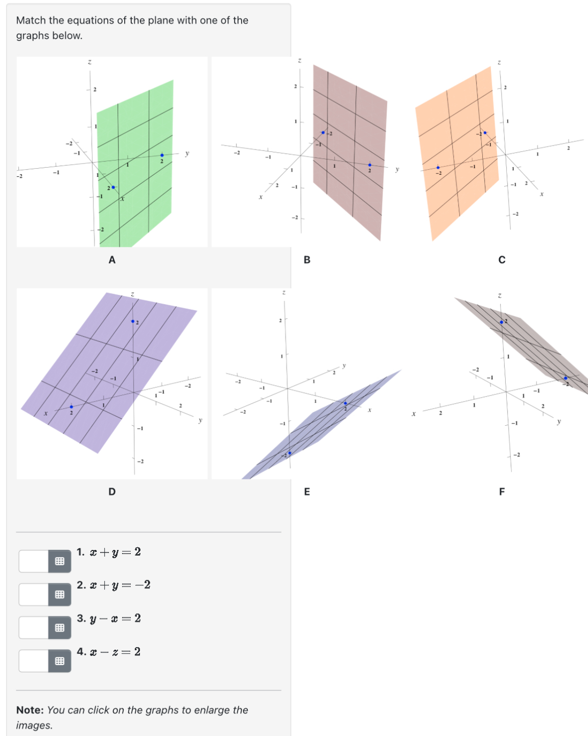 Match the equations of the plane with one of the