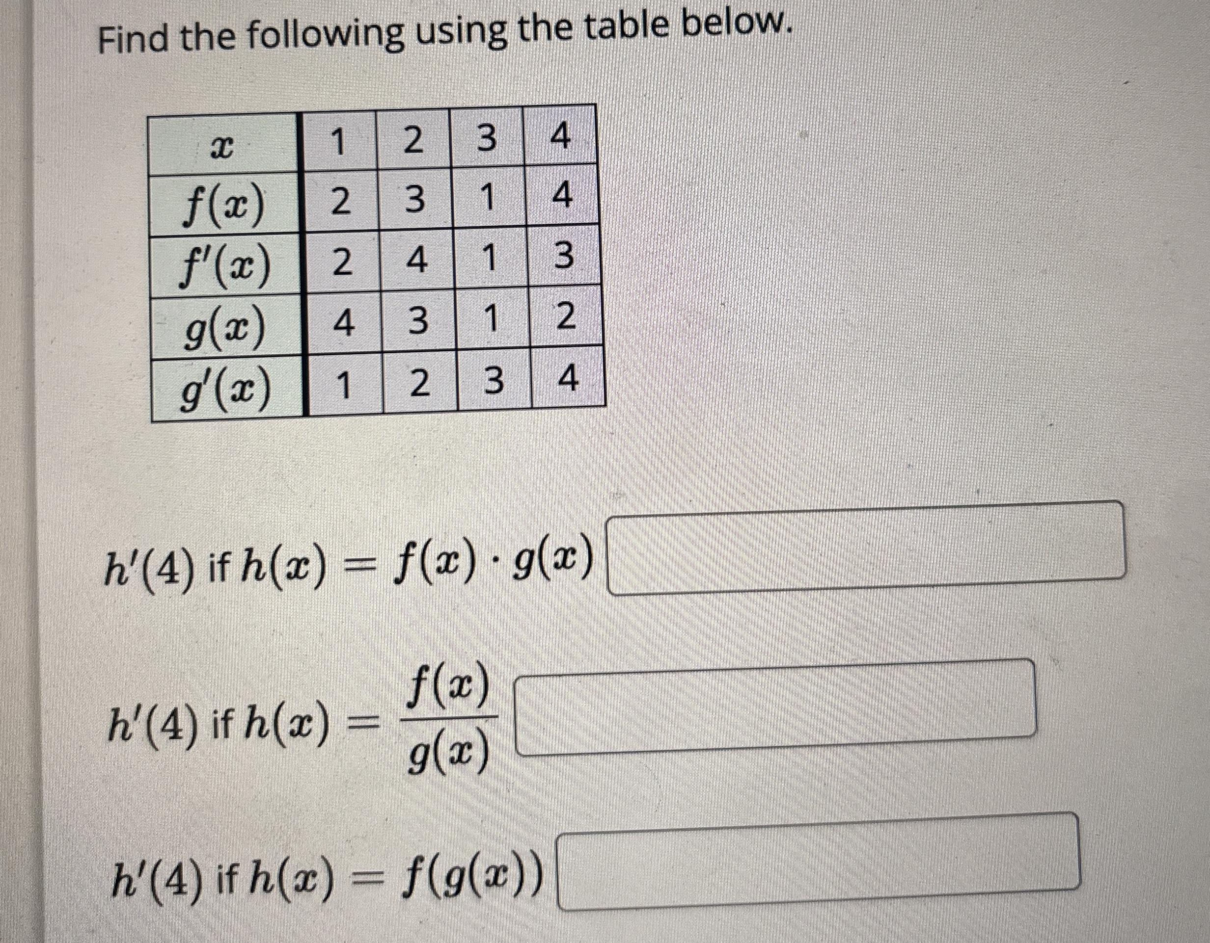 Find the following using the table below. \ table