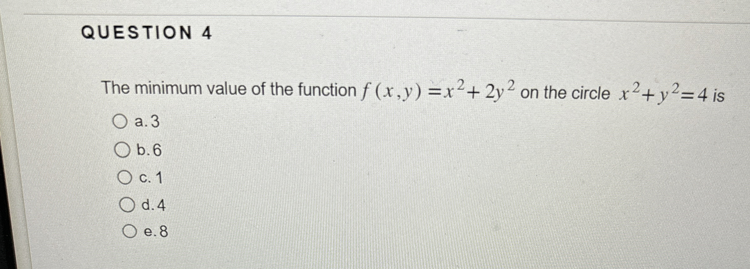 QUESTION 4 The minimum value of the function f (