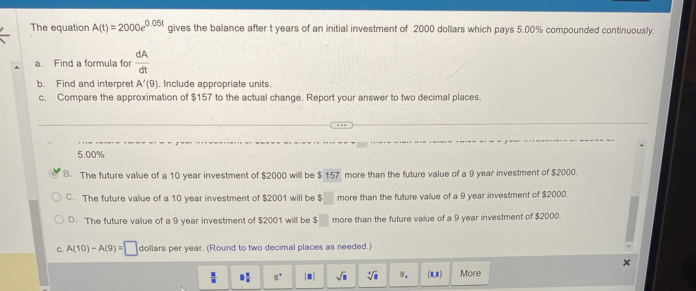 The equation A ( t ) = 2 0 0 0 e 0 . 0 5 t gives