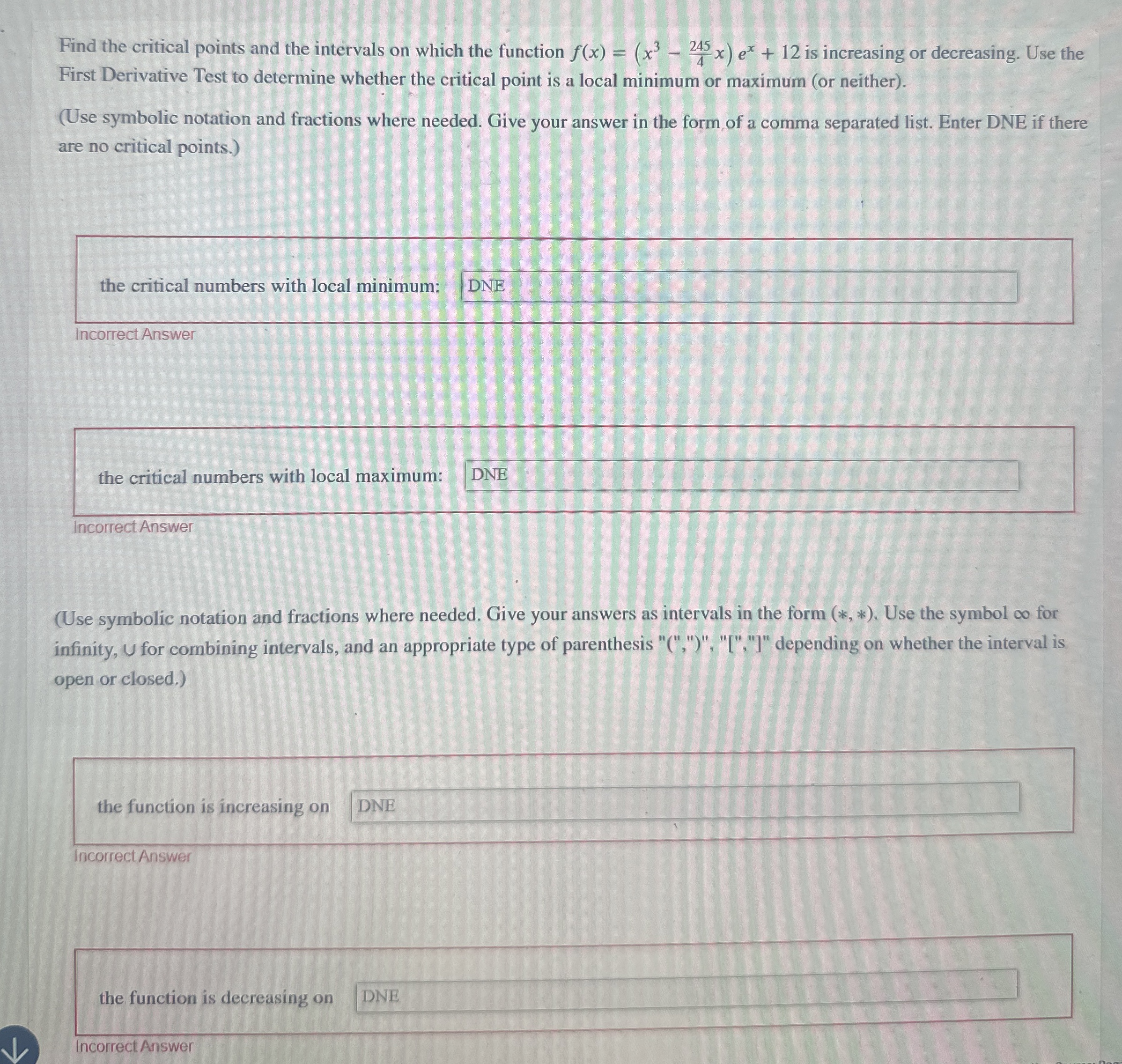 Find the critical points and the intervals on