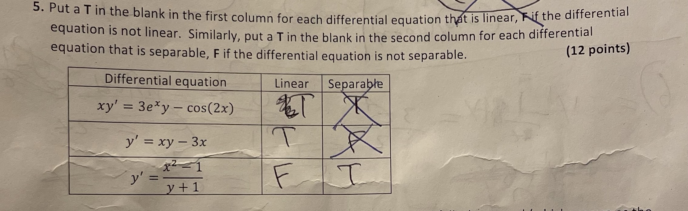 Put a T in the blank in the first column for each