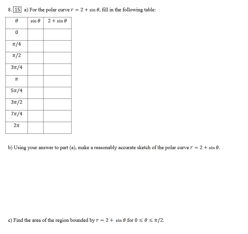 1 5 ar = 2 + sin \ theta , fill in the following