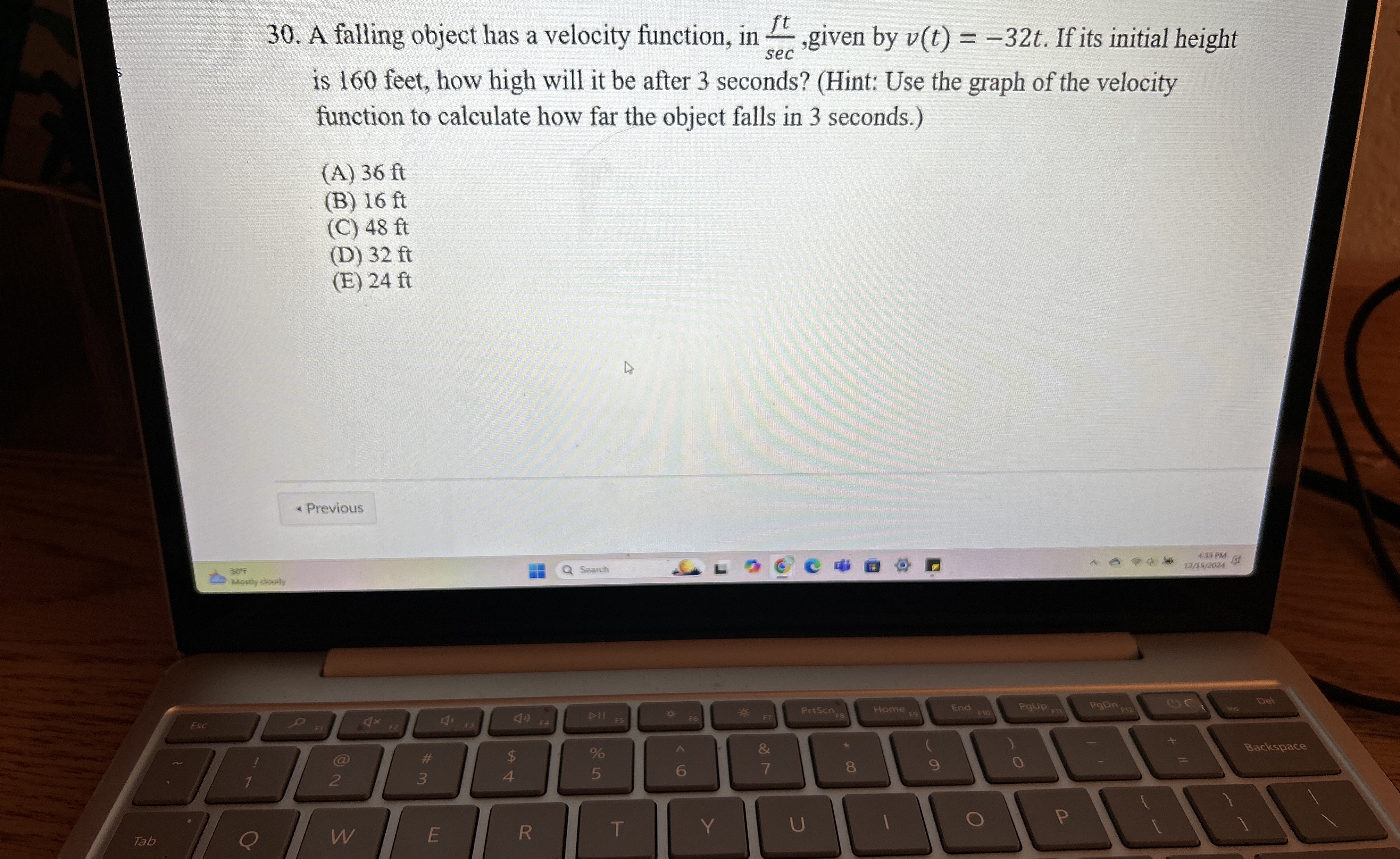 A falling object has a velocity function, in f t