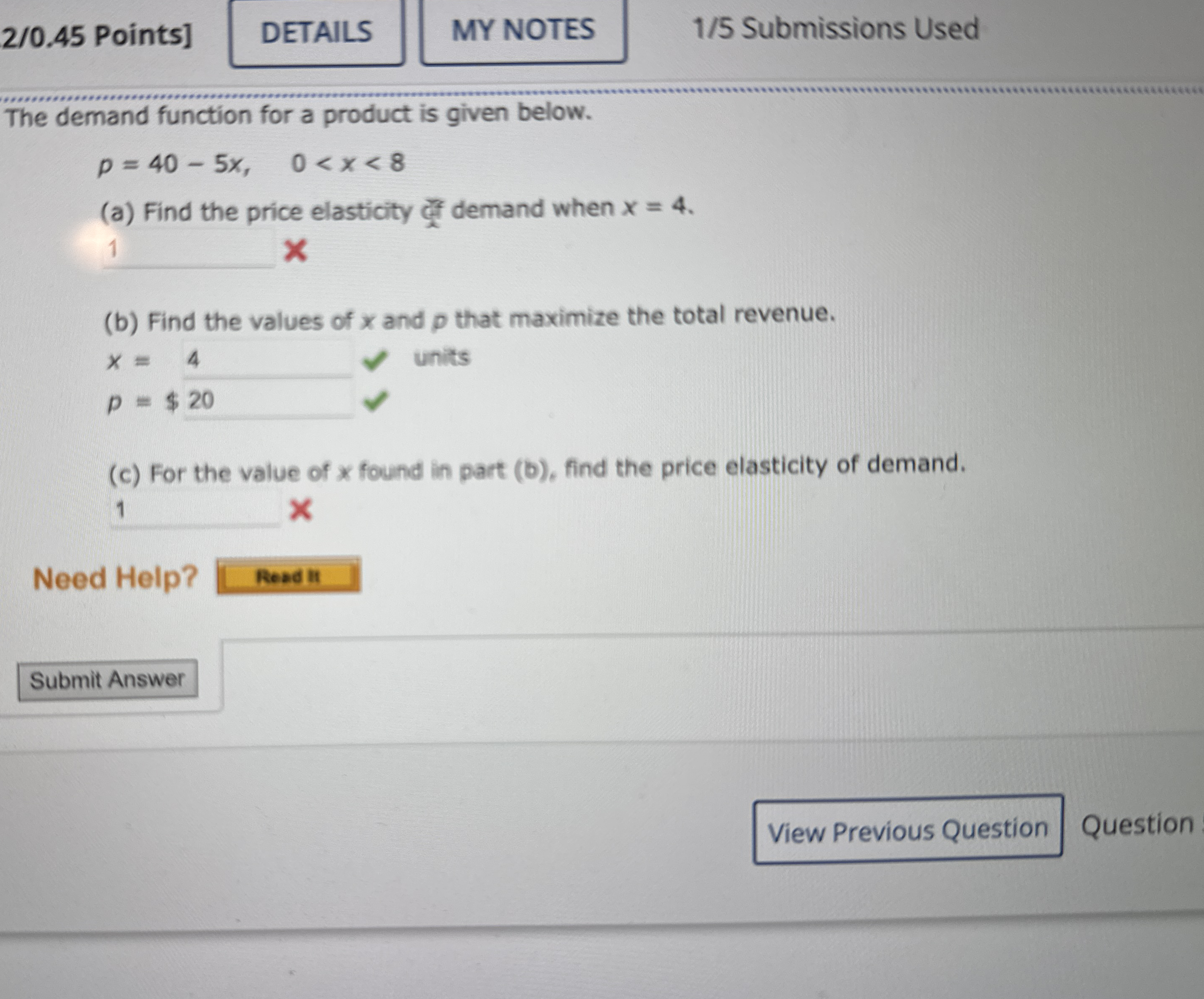 2 / 0 . 4 5 Points ] 1 / 5 Submissions Used The