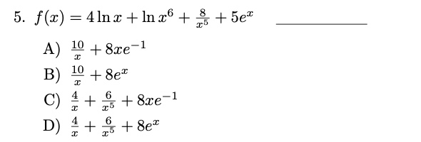Find f ( x ) . f ( x ) = 4 lnx + lnx ^ ( 6 ) + (