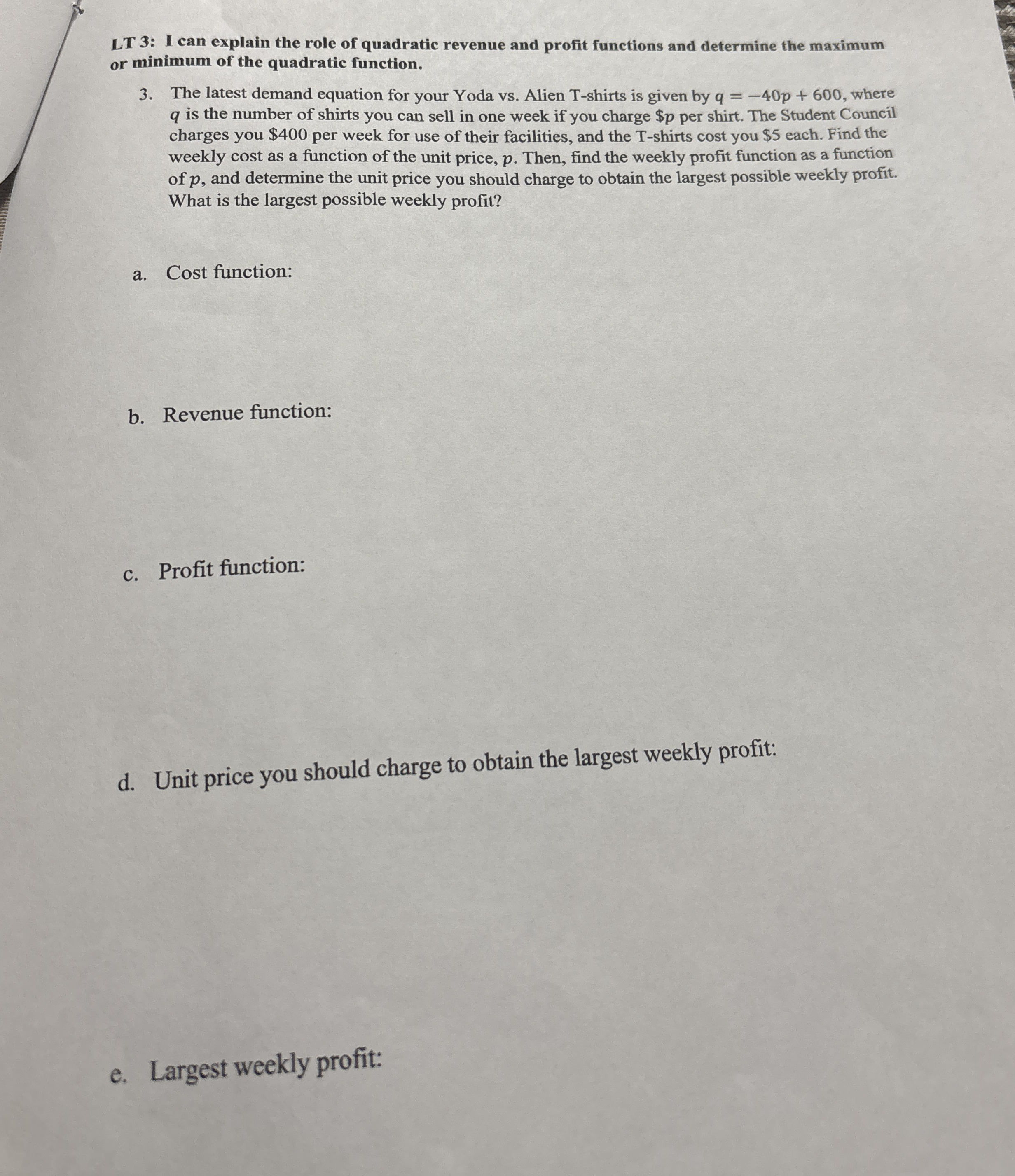 3 . The latest demand equation for your Yoda vs .