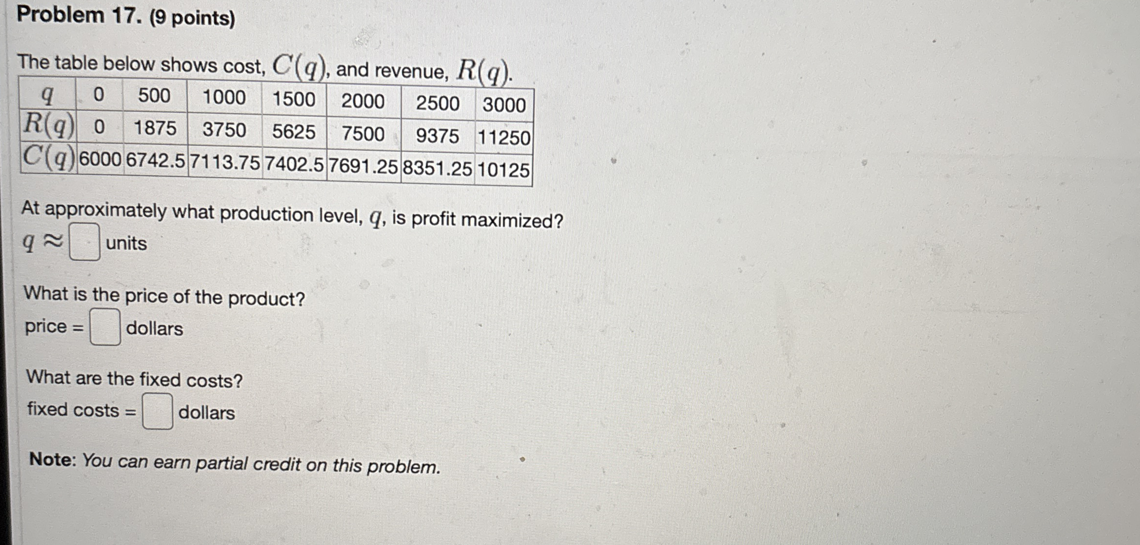 Problem 1 7 . ( 9 points ) The table below shows