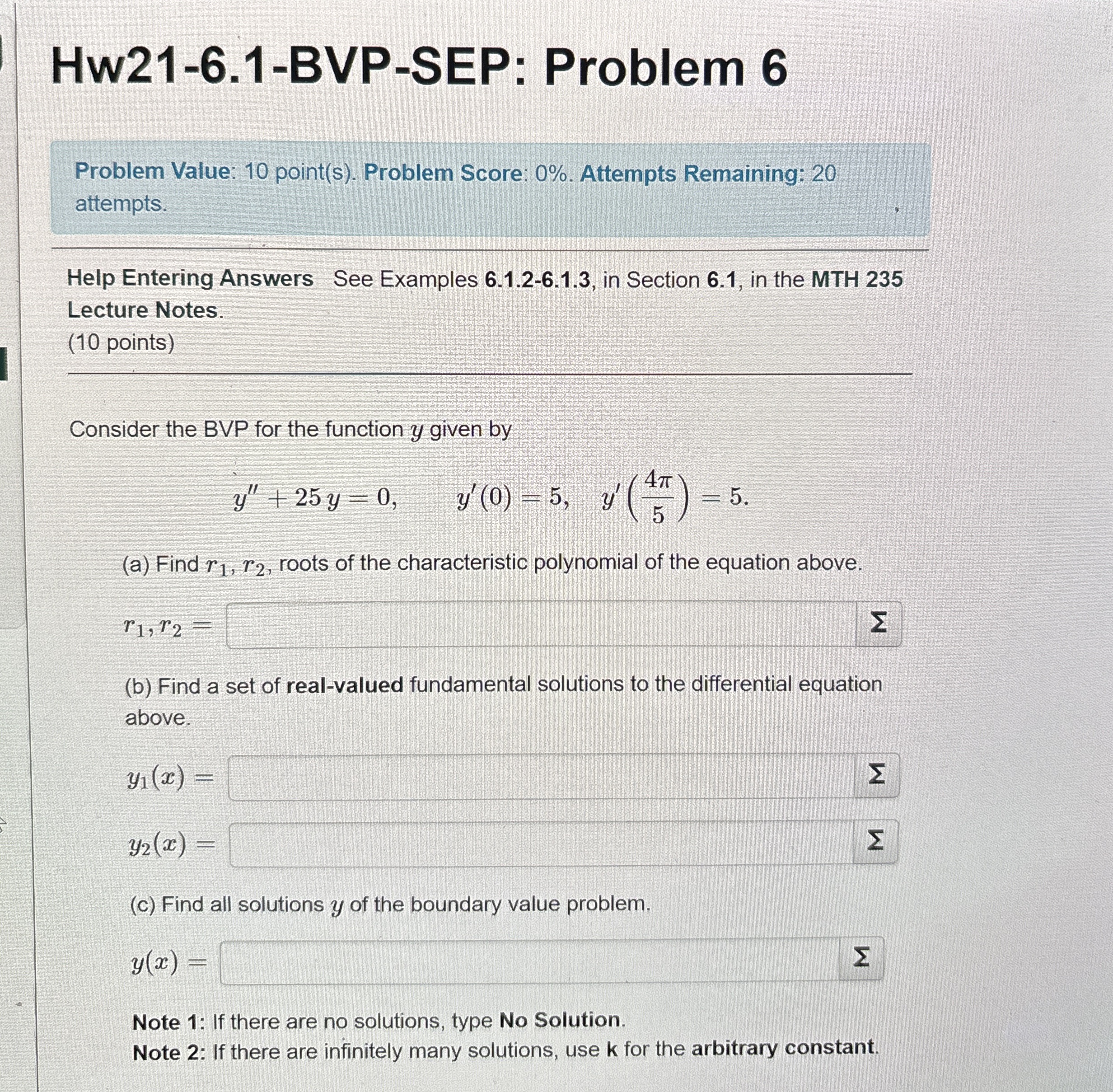 Hw 2 1 - 6 . 1 - BVP - SEP: Problem 6 Problem