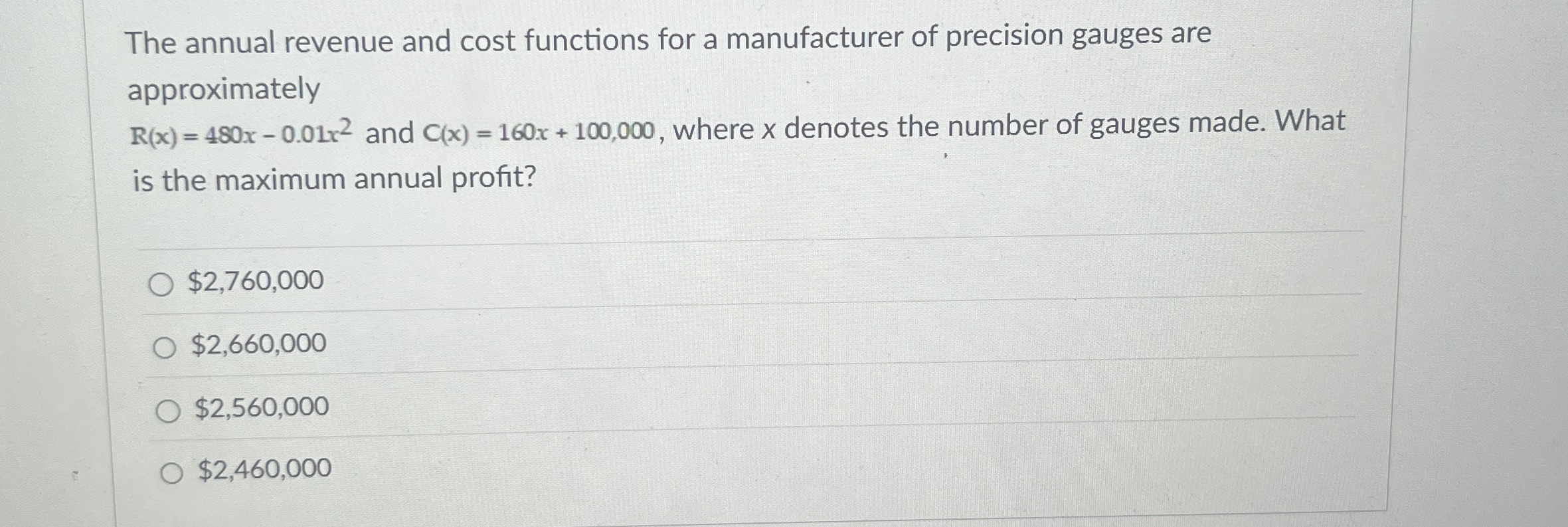The annual revenue and cost functions for a