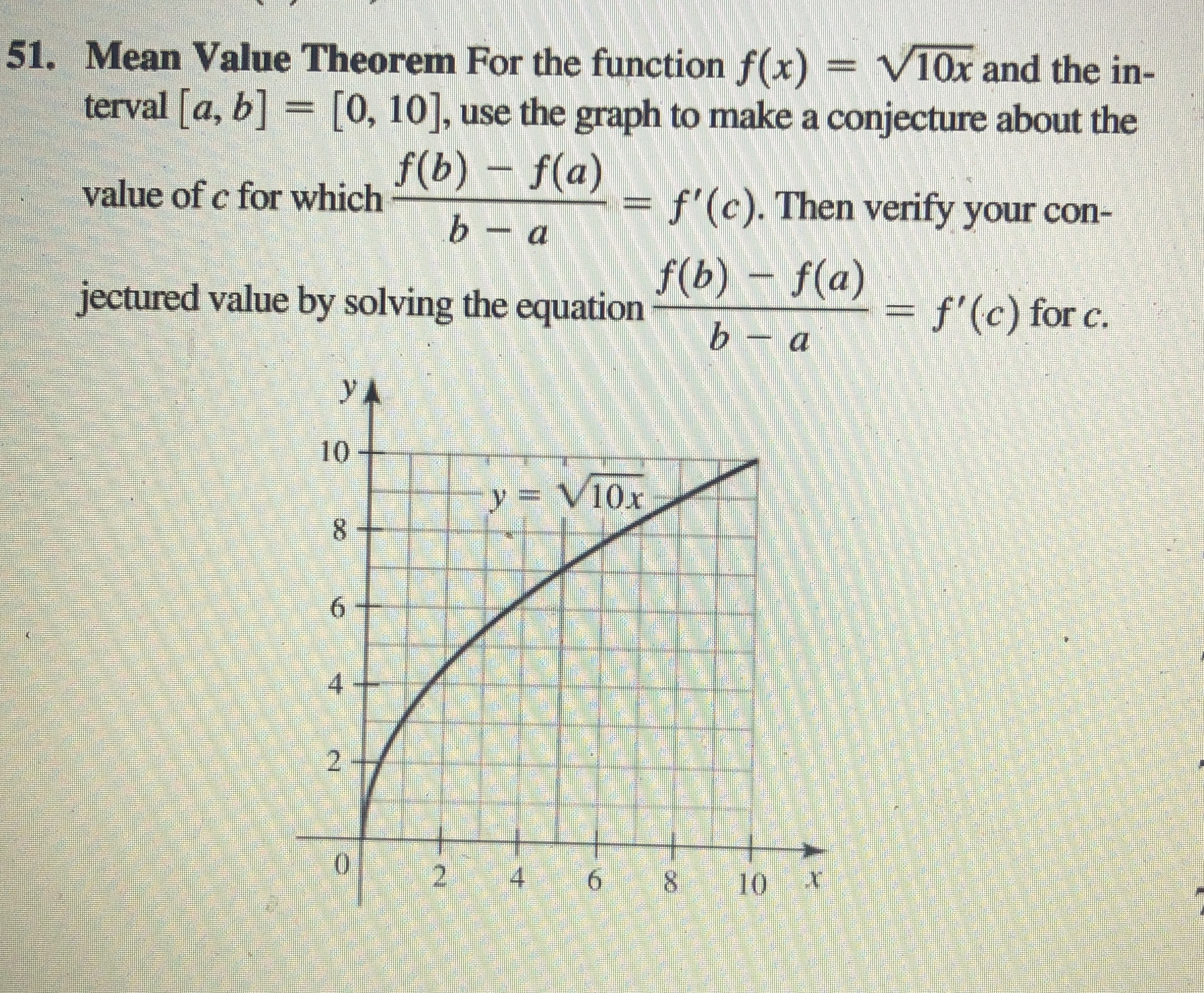 Mean Value Theorem For the function f ( x ) = 1 0