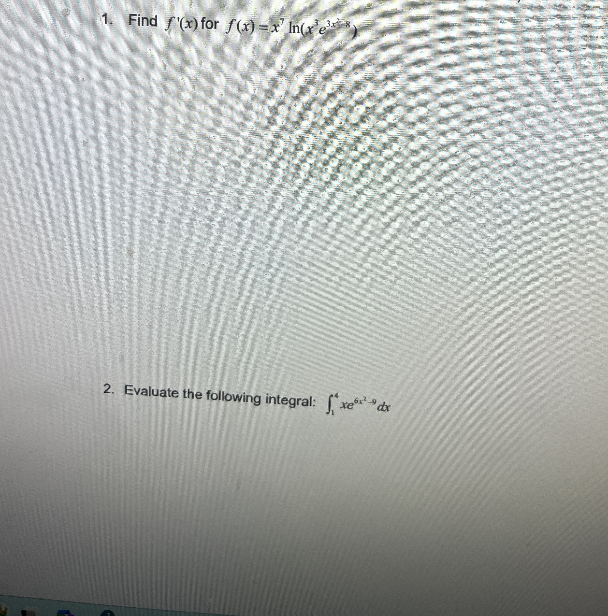 Find f ' ( x ) for f ( x ) = x 7 l n ( x 3 e 3 x