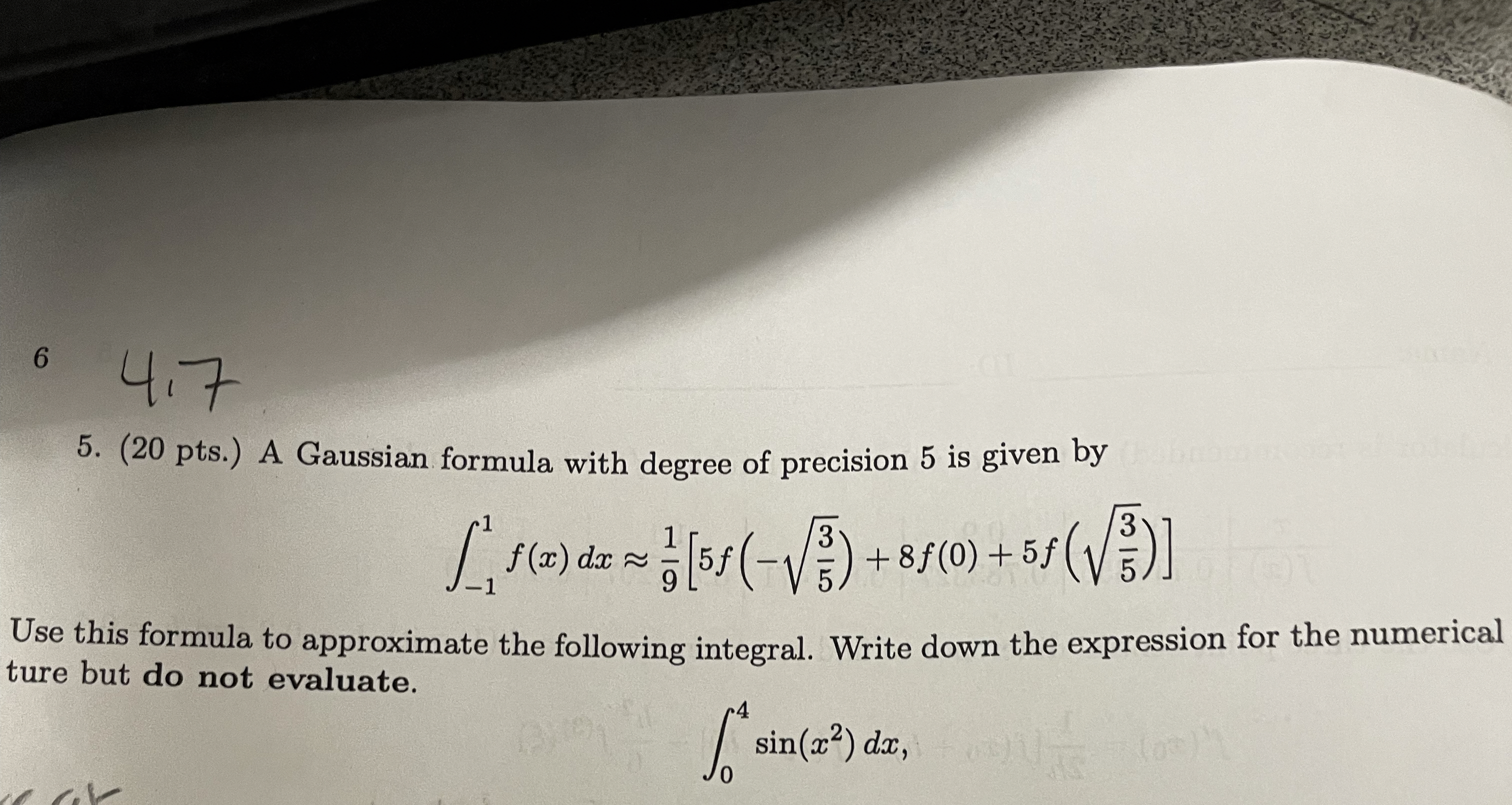 6 4 , 7 5 . ( 2 0 pts . ) A Gaussian formula with