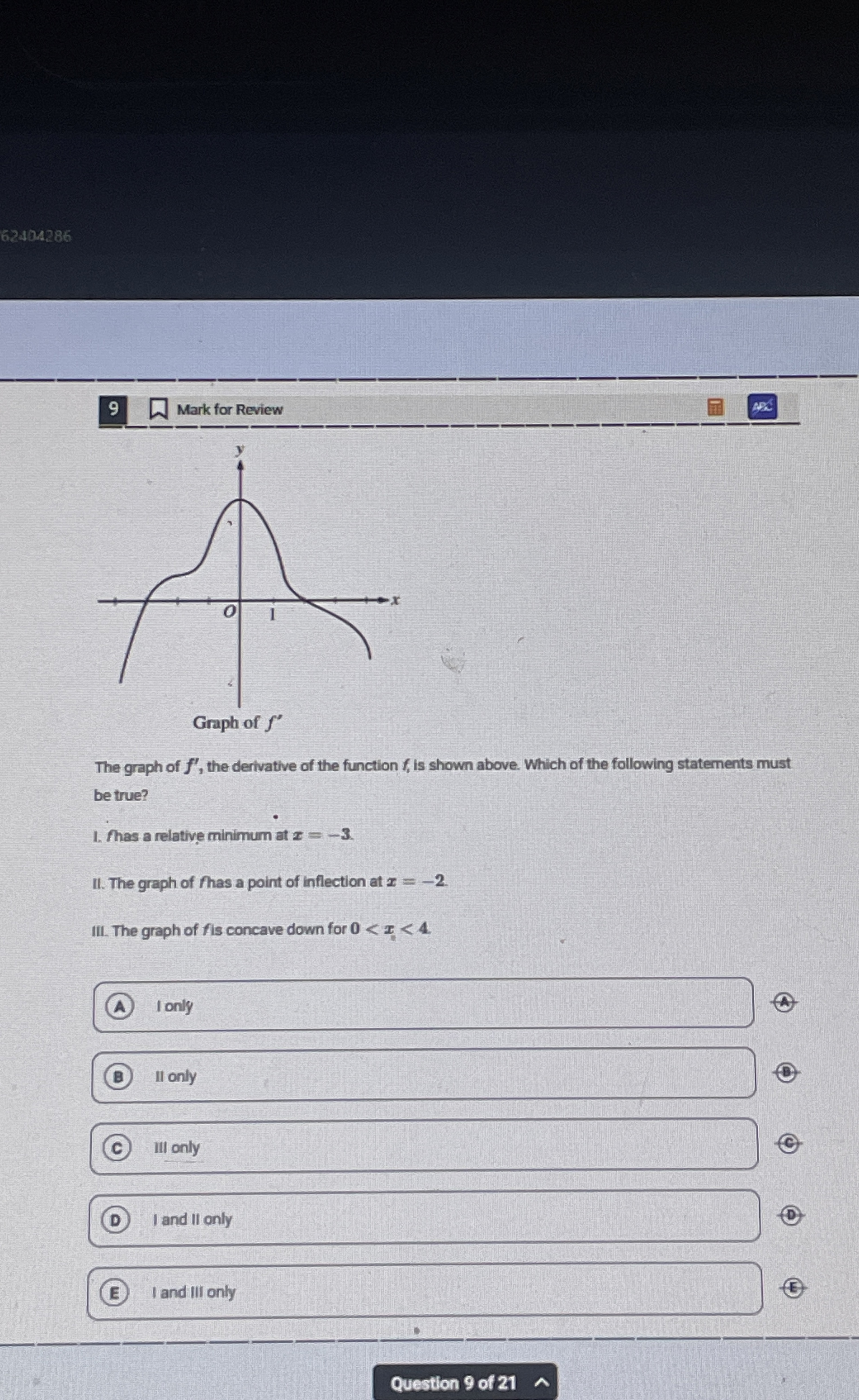 6 2 4 0 4 2 8 6 9 Mark for Review The graph of f