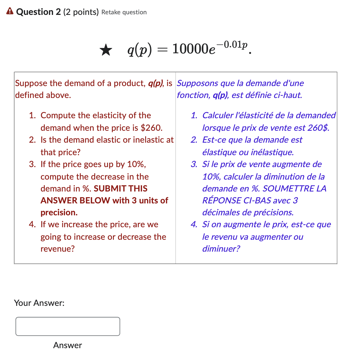 \ [ q ( p ) = 1 0 0 0 0 e ^ { - 0 . 0 1 p } \ ]