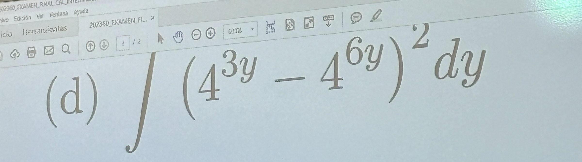 ( d ) ( 4 3 y - 4 6 y ) 2 d y