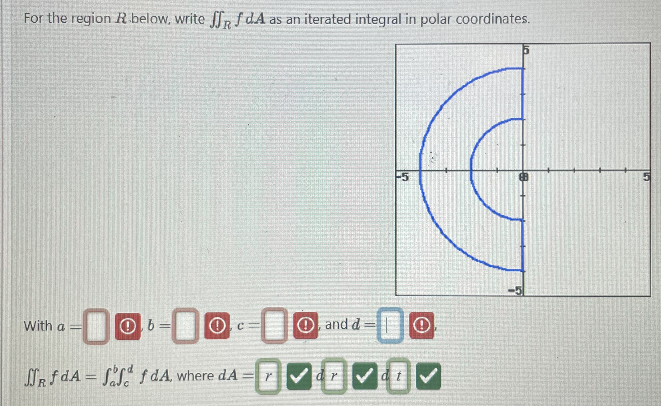 For the region R . below, write R fdA as an