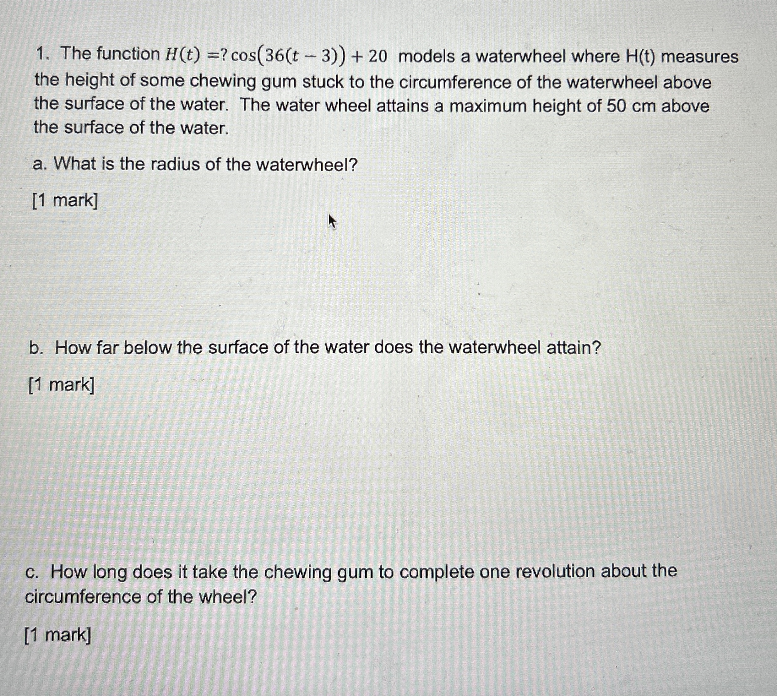 The function H ( t ) = c o s ( 3 6 ( t - 3 ) ) +