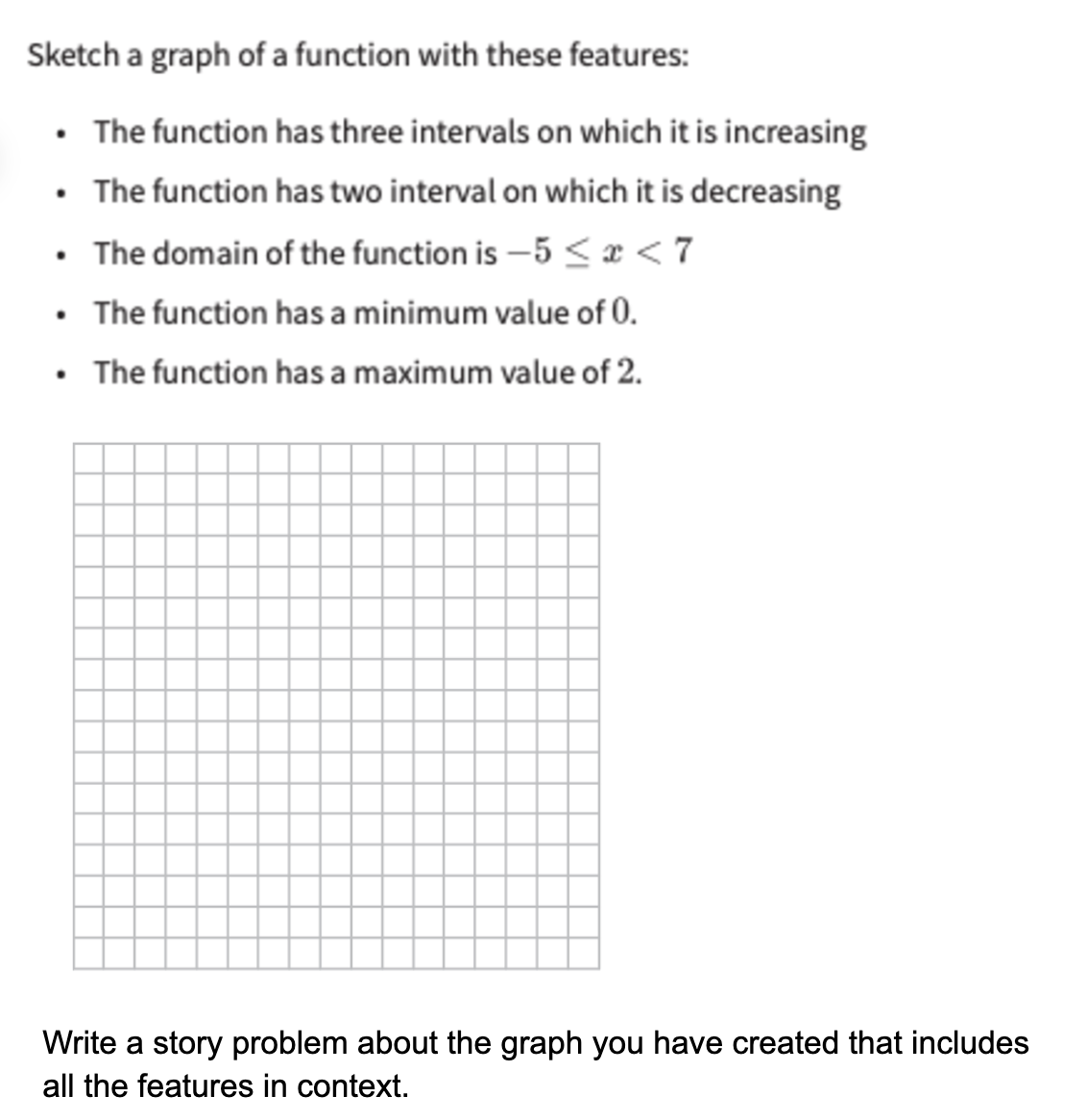 Sketch a graph of a function with these features: