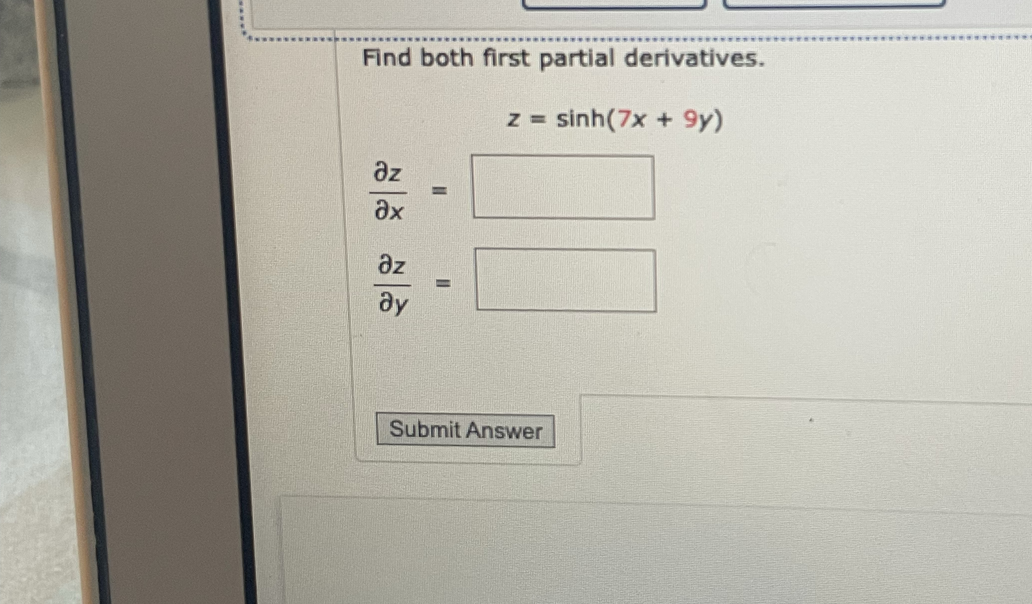 Find both first partial derivatives. z = s i n h