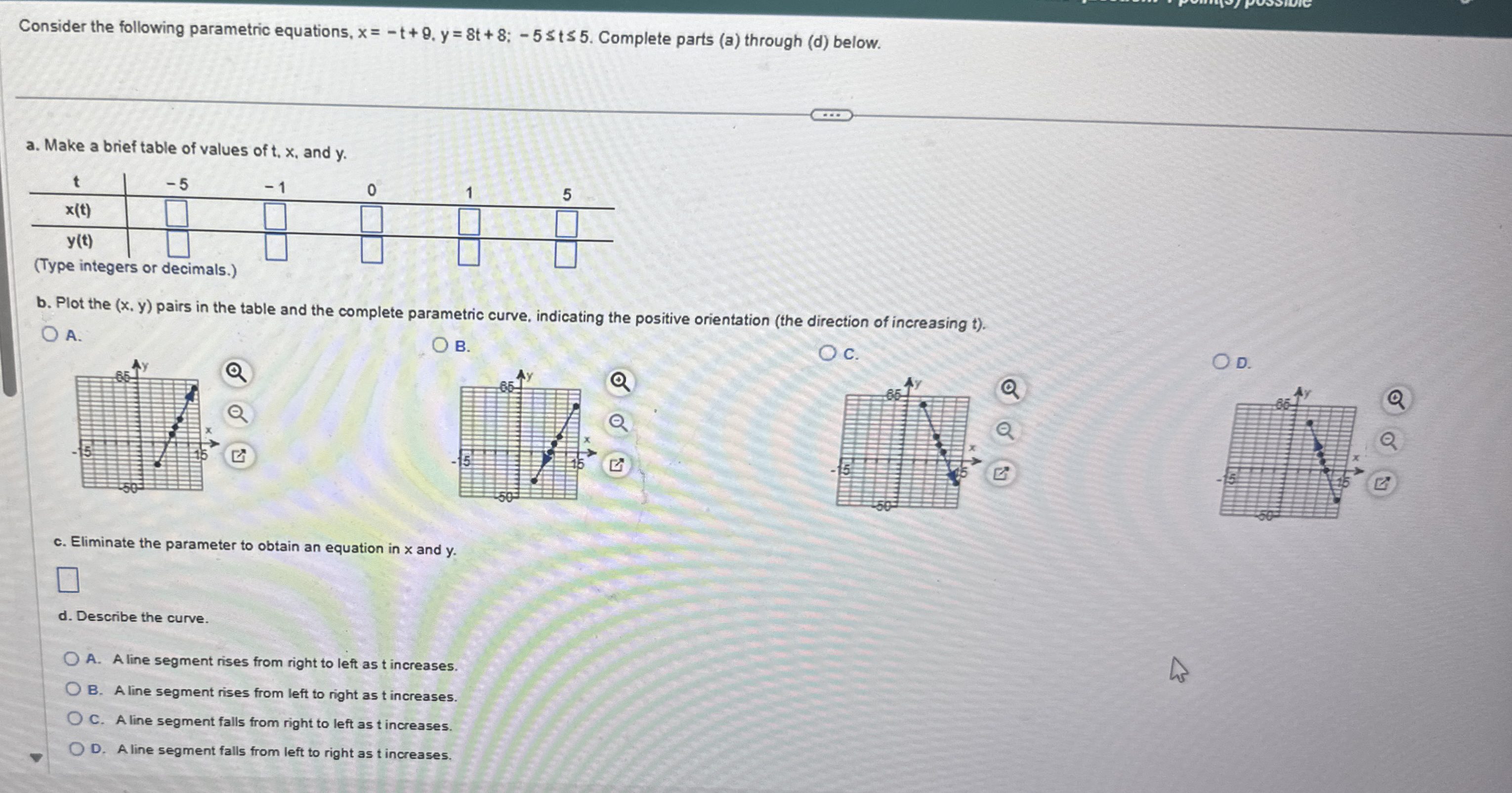 Consider the following parametric equations, x =