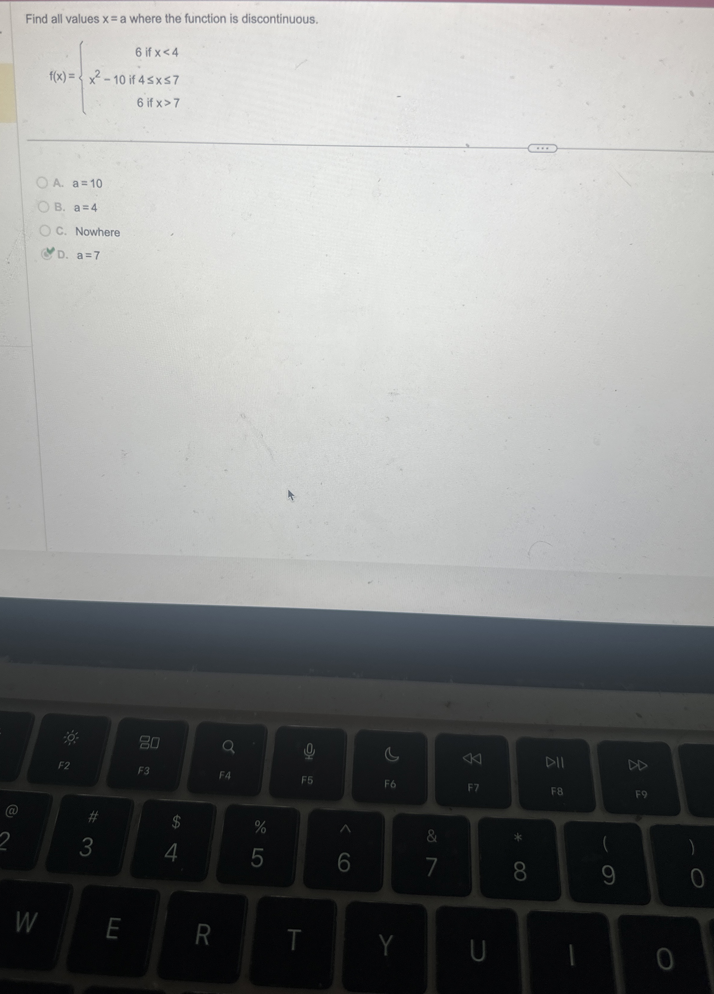 Find all values x = a where the function is