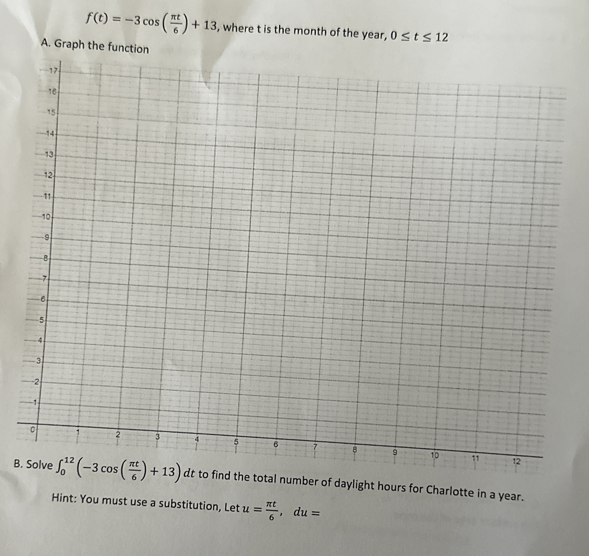 f ( t ) = - 3 c o s ( t 6 ) + 1 3 , where t is