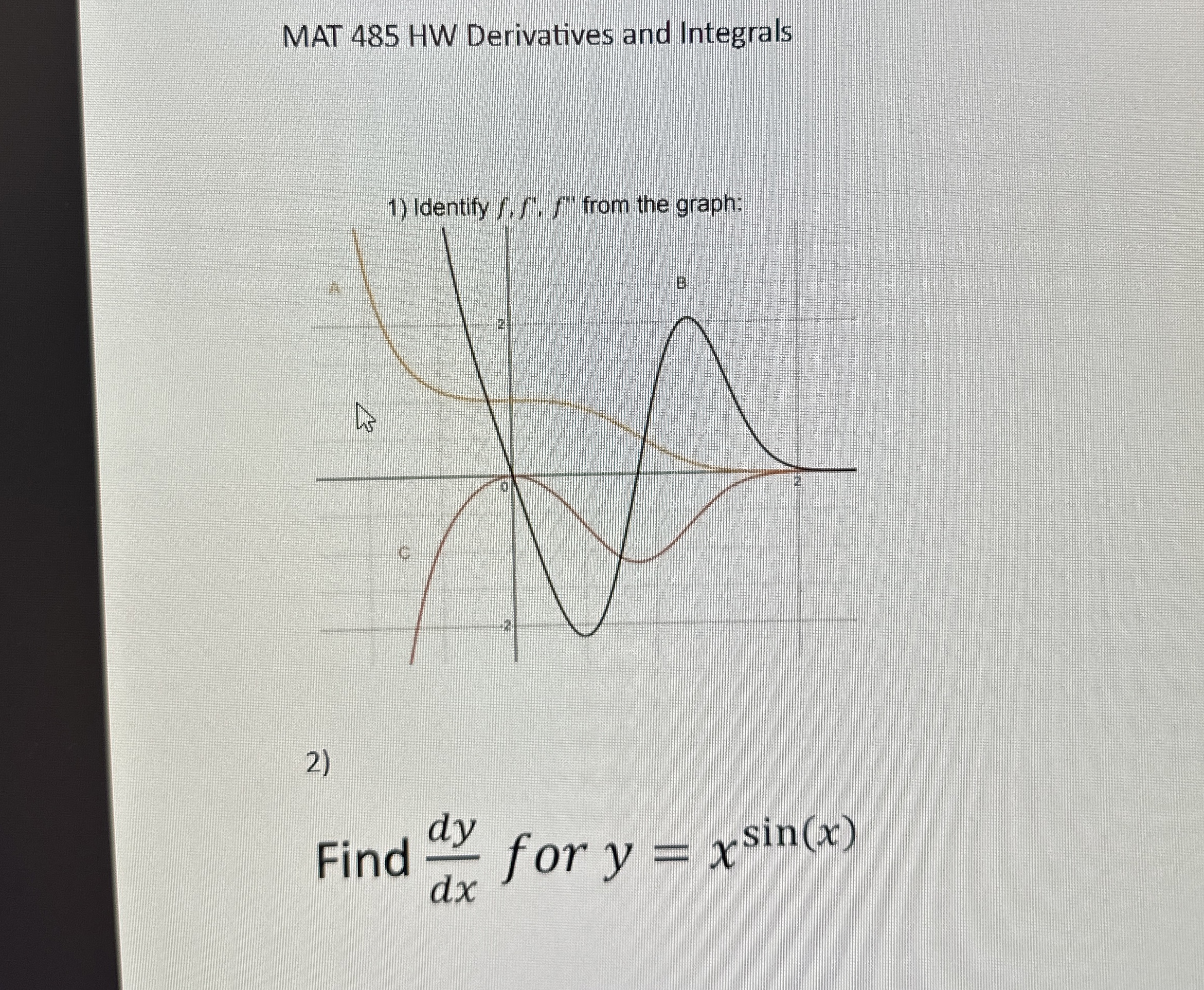 MAT 4 8 5 HW Derivatives and Integrals Identify f