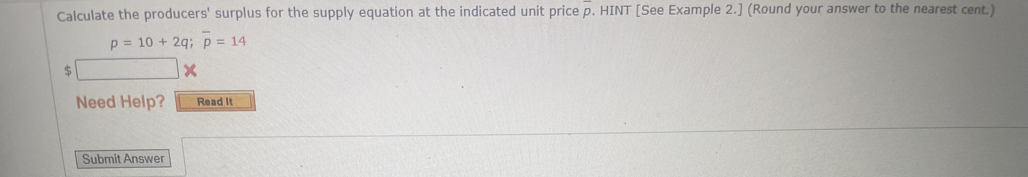 Calculate the producers' surplus for the supply
