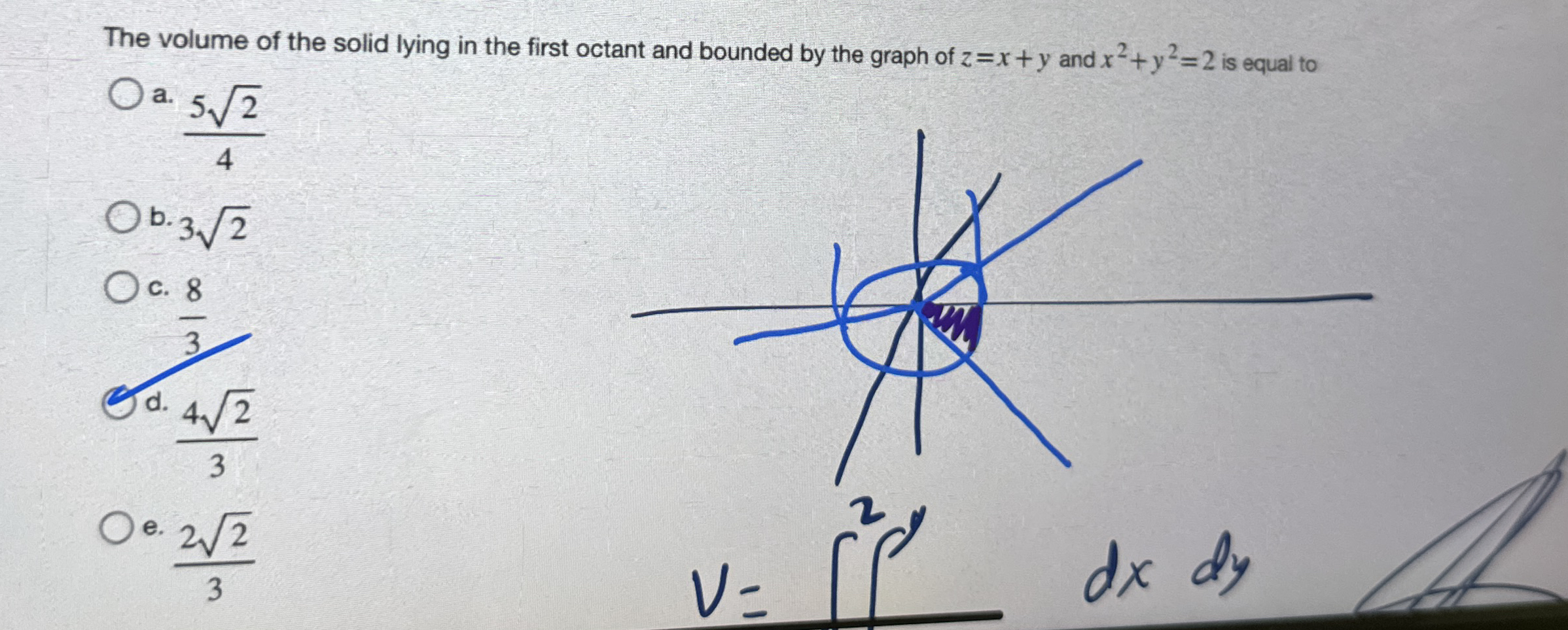 The volume of the solid lying in the first octant