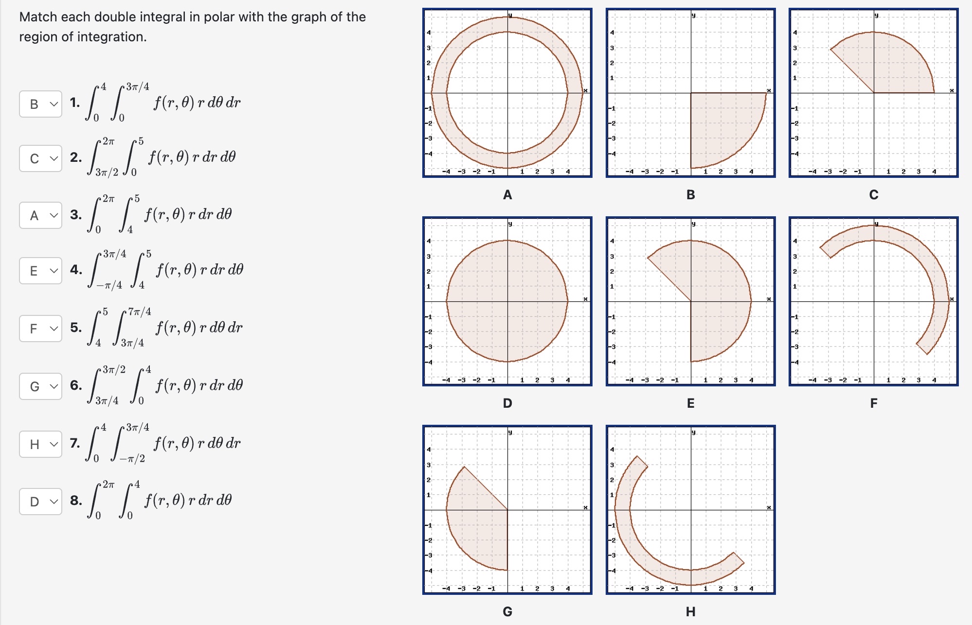 Match each double integral in polar with the