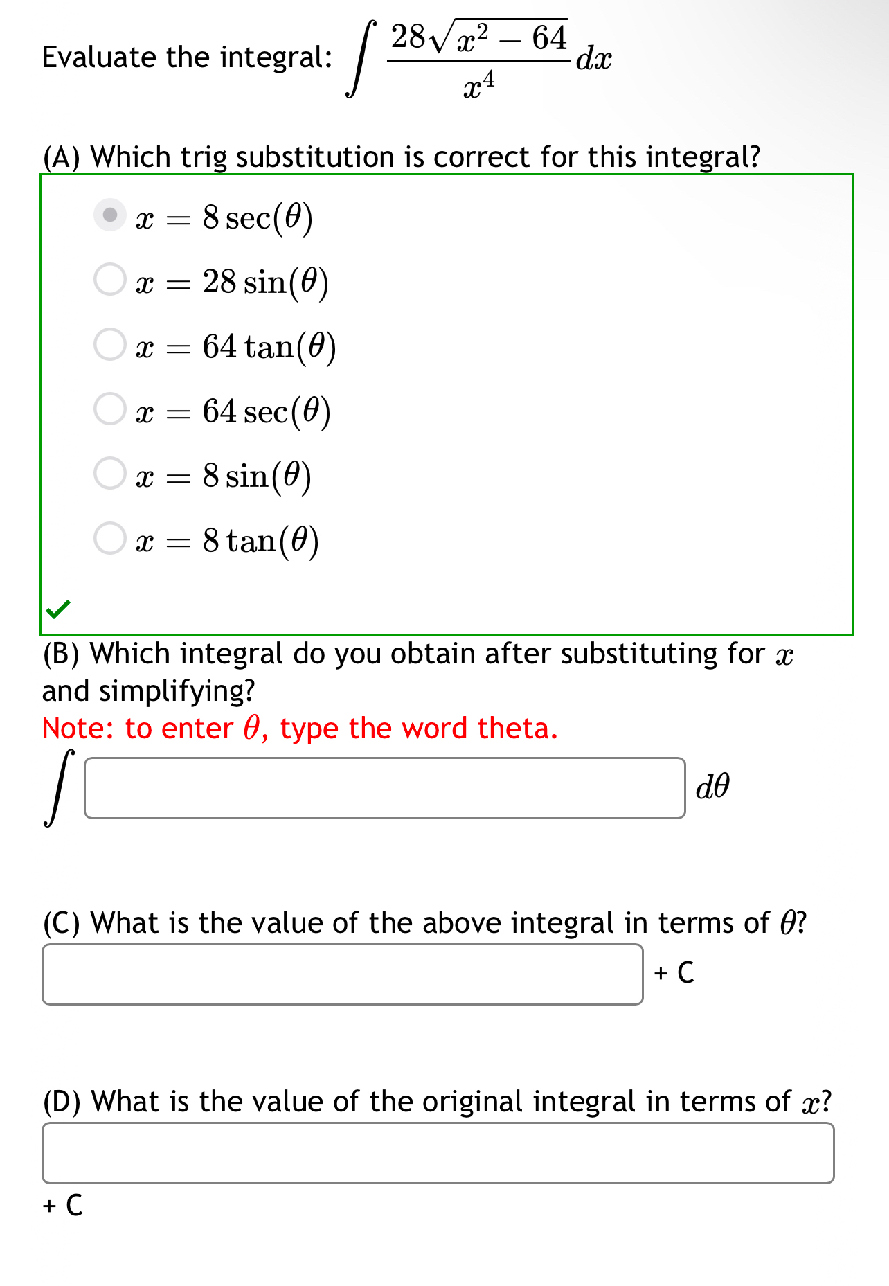 Evaluate the integral: 2 8 x 2 - 6 4 2 x 4 d x (