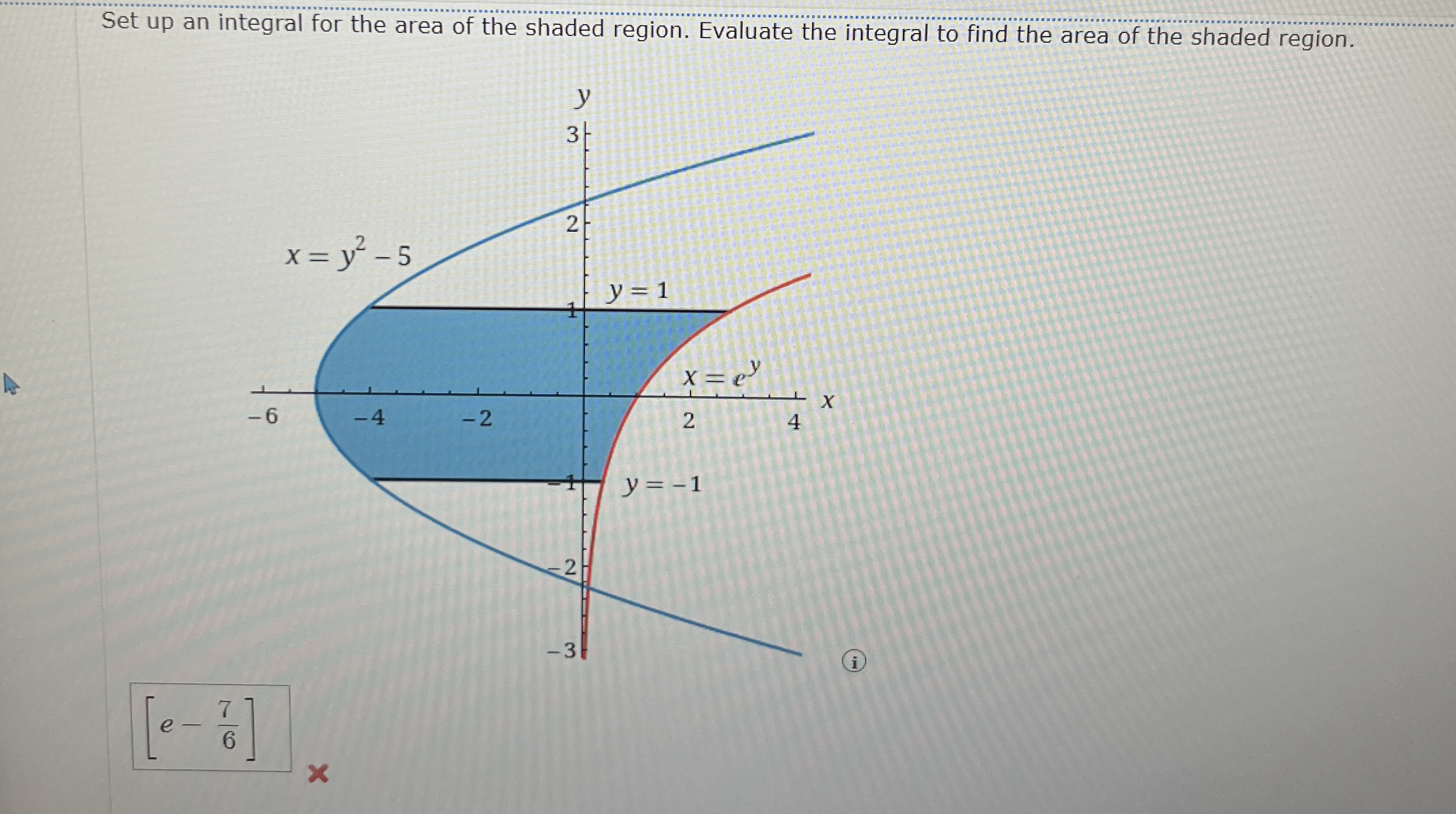 Set up an integral for the area of the shaded
