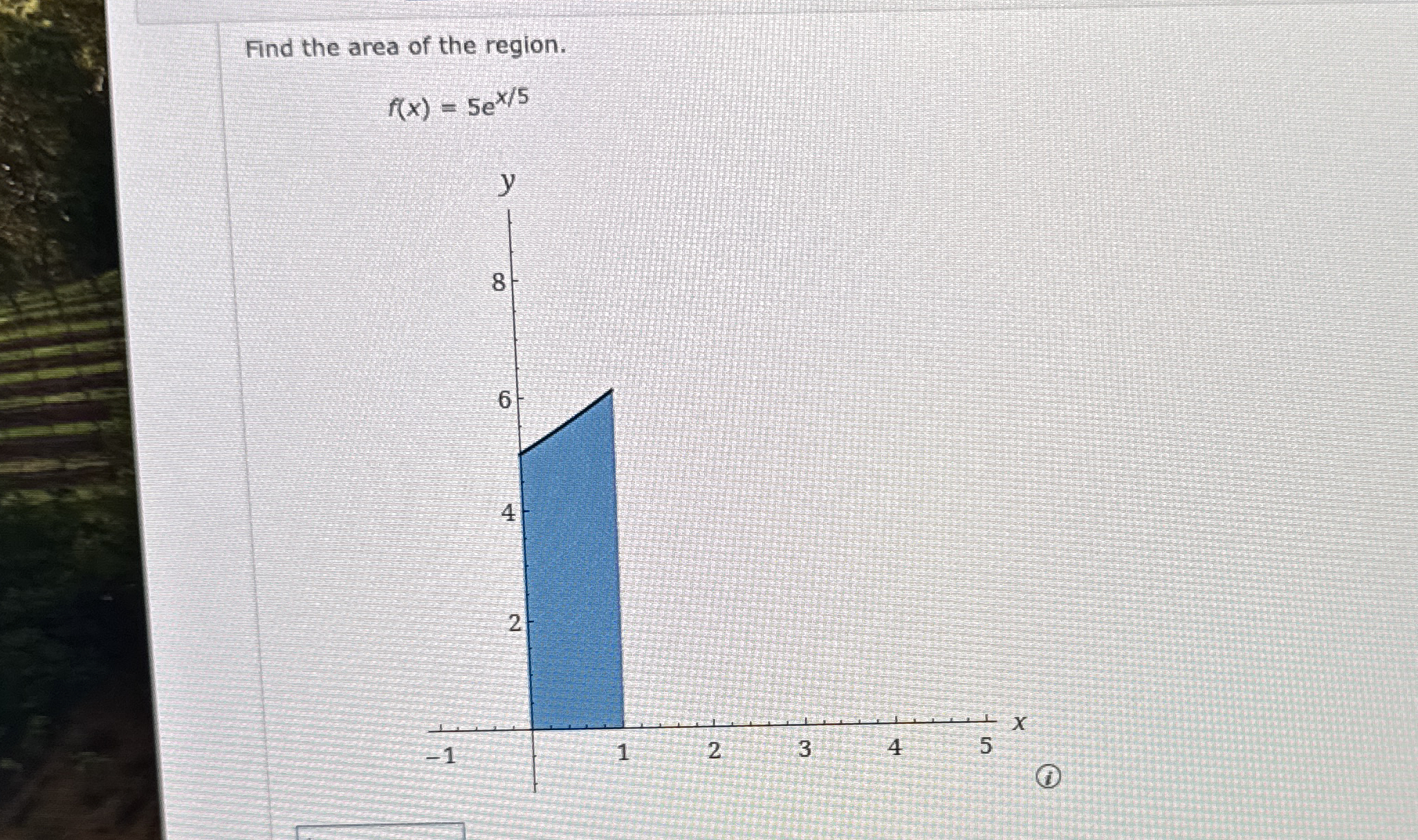 Find the area of the region. f ( x ) = 5 e x 5