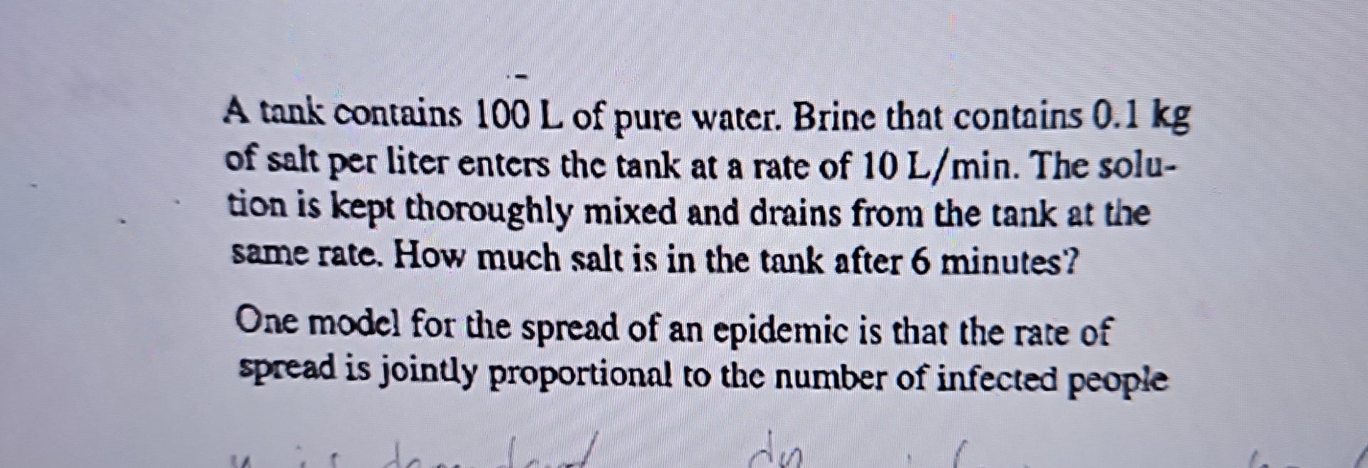 A tank contains 1 0 0 L of pure water. Brine that
