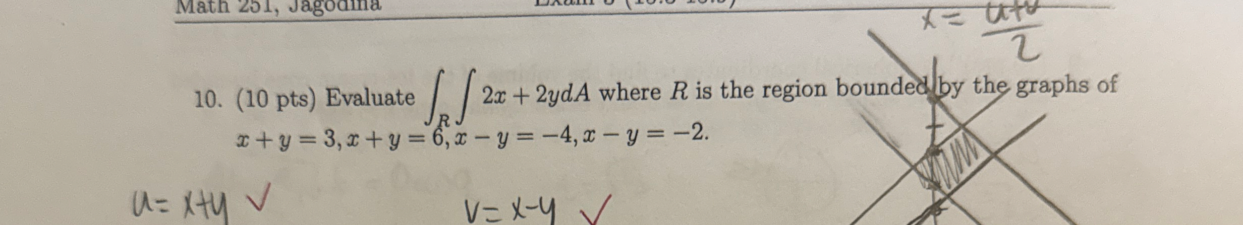 ( 1 0 pts ) Evaluate R x - y 2 x + 2 ydA where R