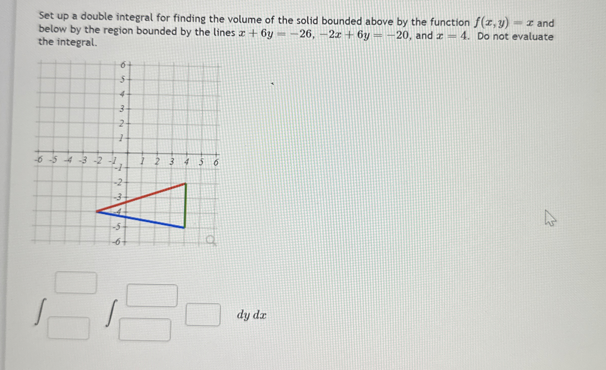 Set up a double integral for finding the volume