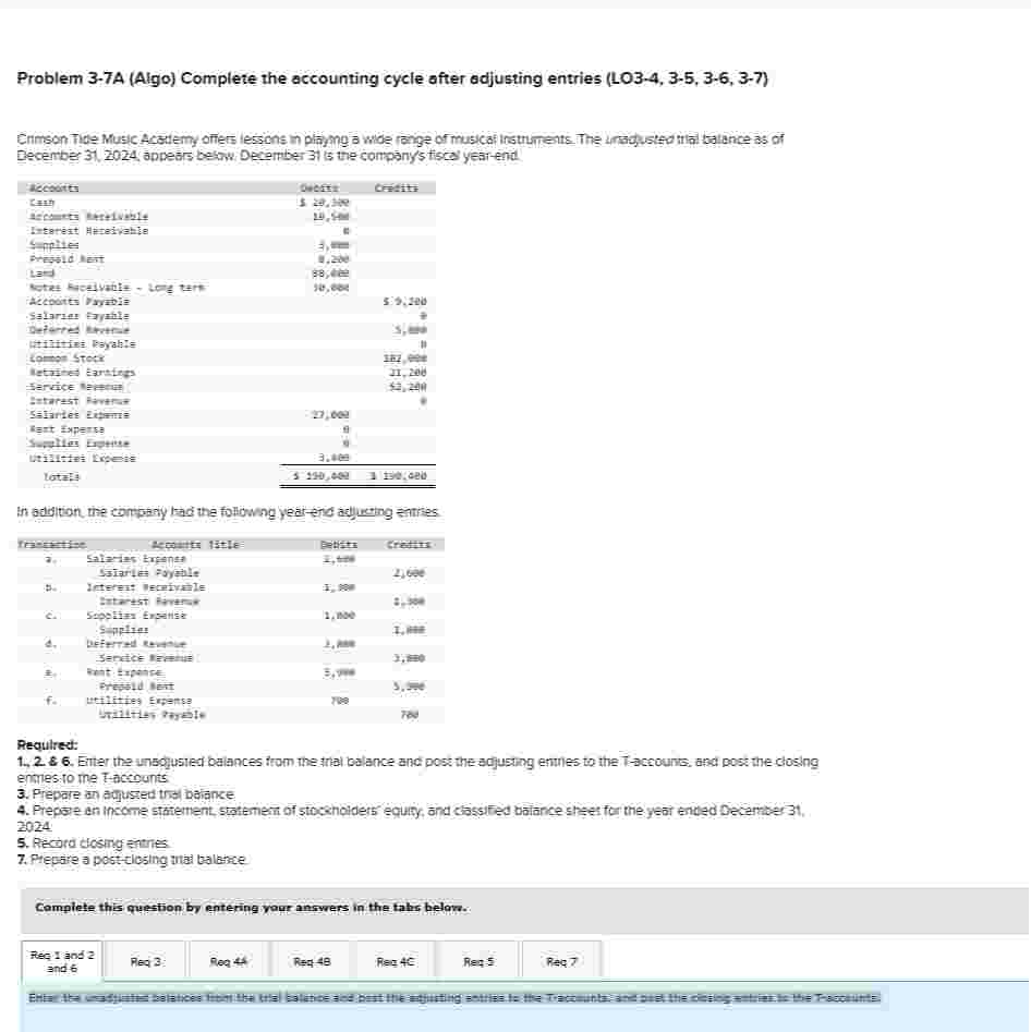 Problem 3 7 A Algo Complete the accounting cycle
