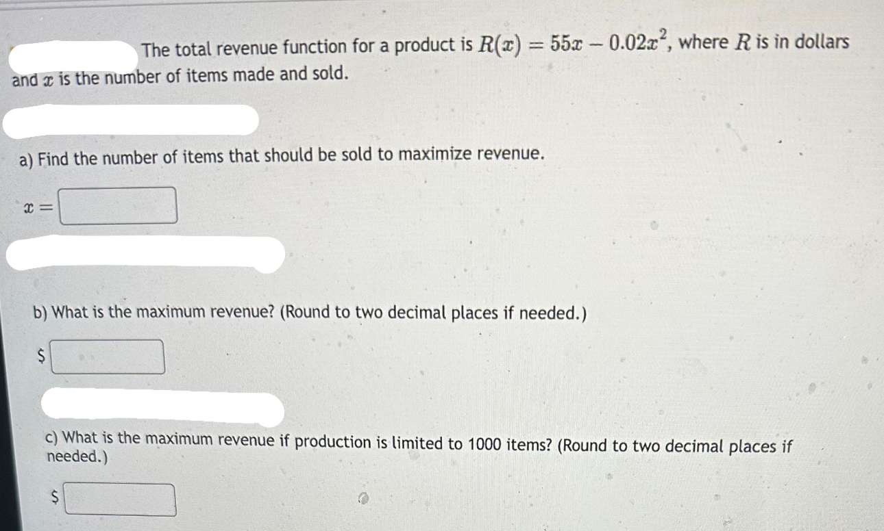 The total revenue function for a product is R ( x