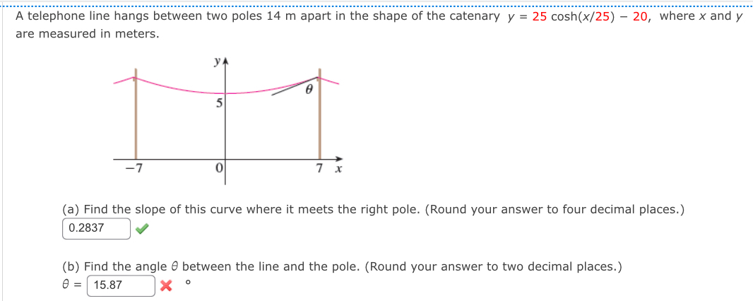 A telephone line hangs between two poles 1 4 m