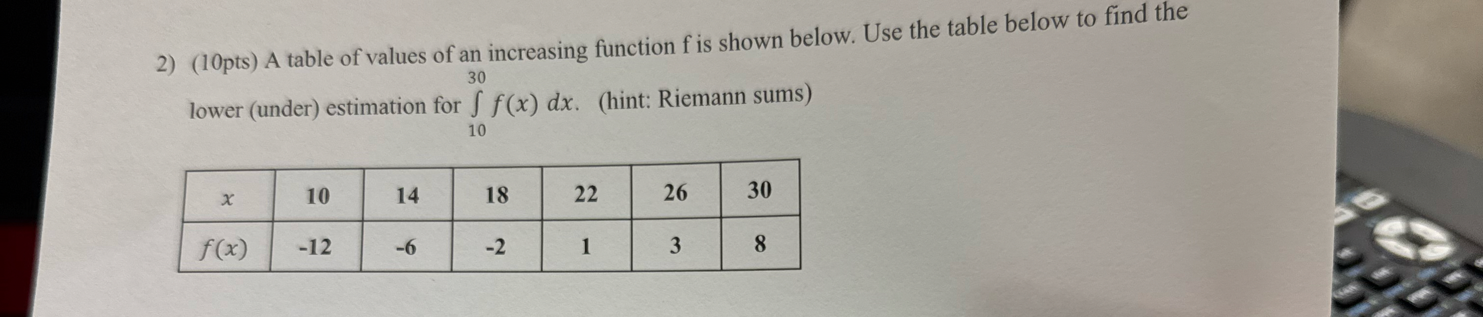 ( 1 0 pts ) A table of values of an increasing