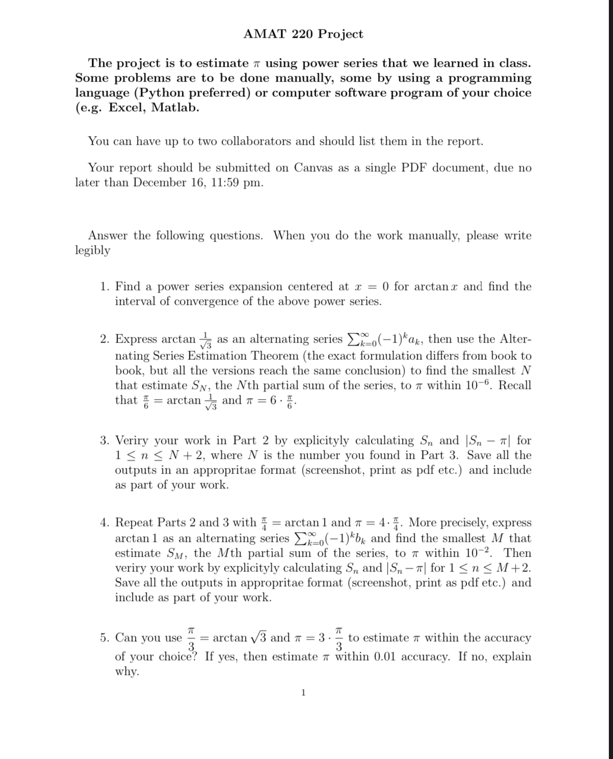 AMAT 2 2 0 Project The project is to estimate